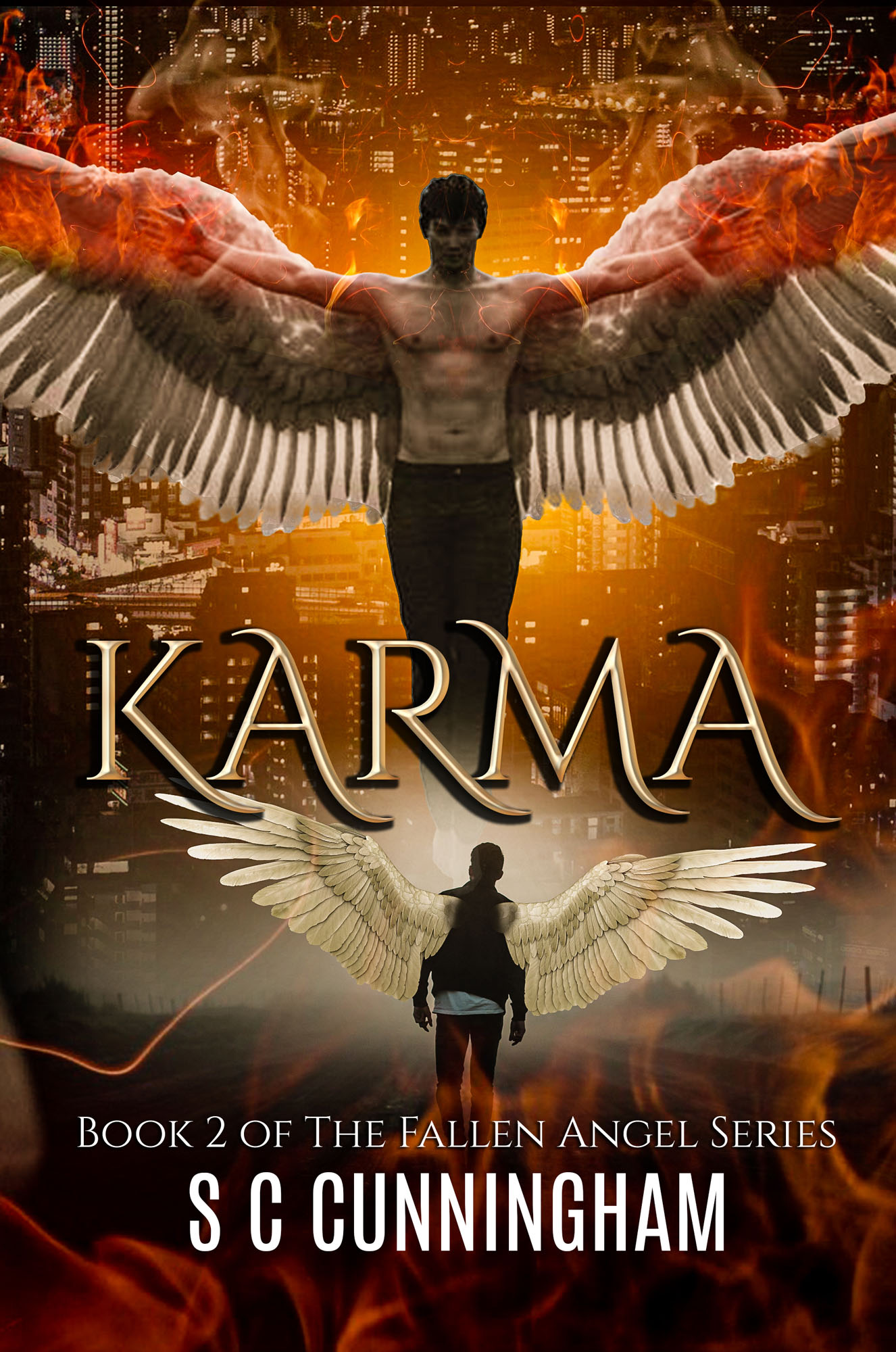 Book cover of Karma, a supernatural crime rom thriller from The Fallen Angel Series, by thriller author S C Cunningham.