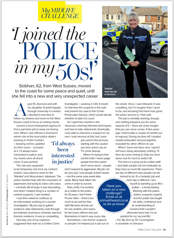 Crime Writer S C Cunningham. Prima Magazine, Author SCCunningham, Crime investigator, police staff,
