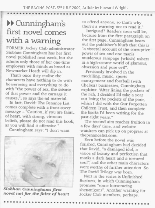 Crime Writer SCCunningham, The Racing Post newspaper article by Howard Wright, Author S C Cunningham writes urban fantasy and psycho thrillers. The Penance List, The David Trilogy, The Fallen Angel Series, writing books, Horseracing, The Jockey Club.